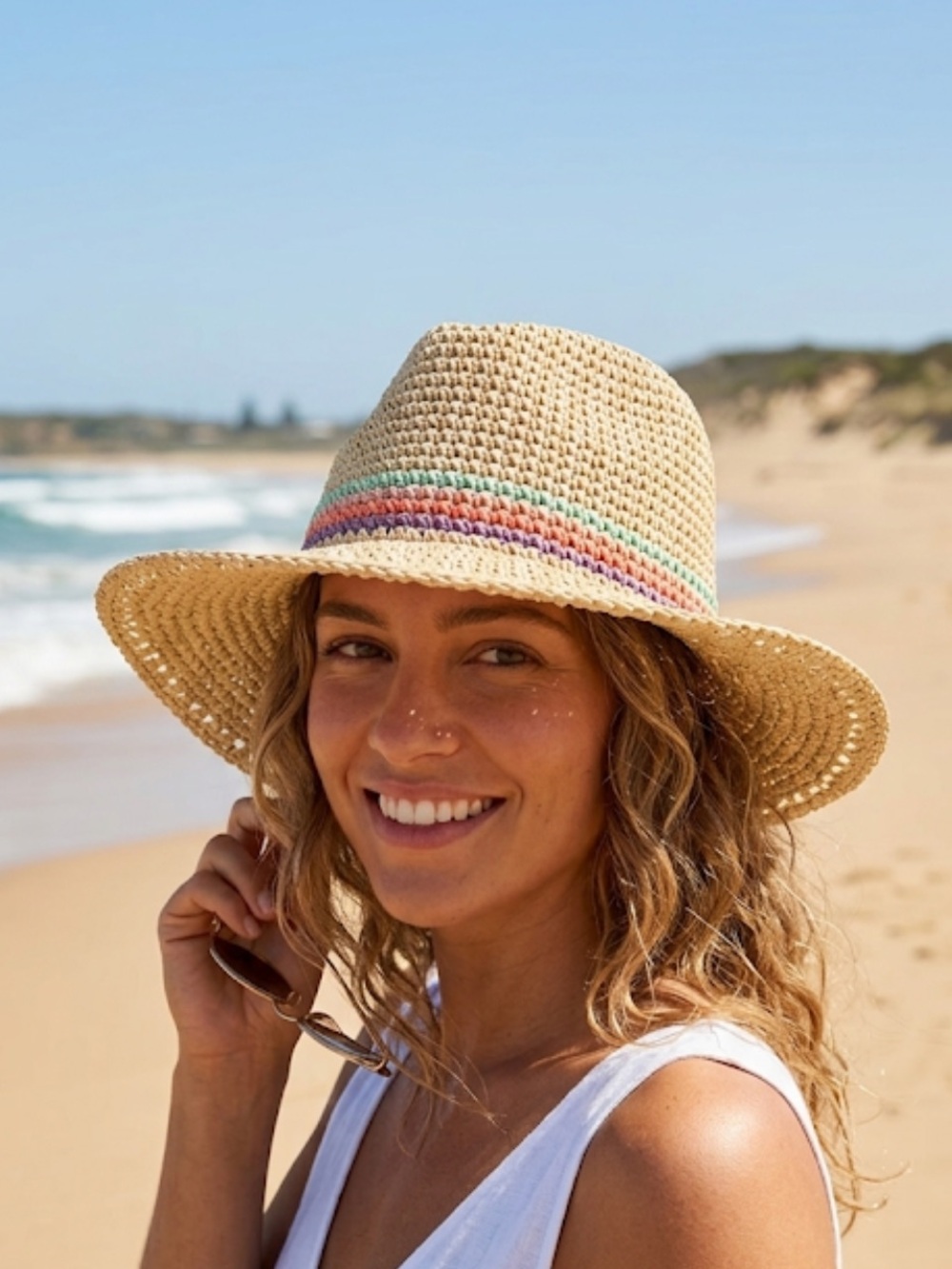 Natural Straw Paper Sun Hat with Colorful Stripe Sun Beach Woven Hat NWT